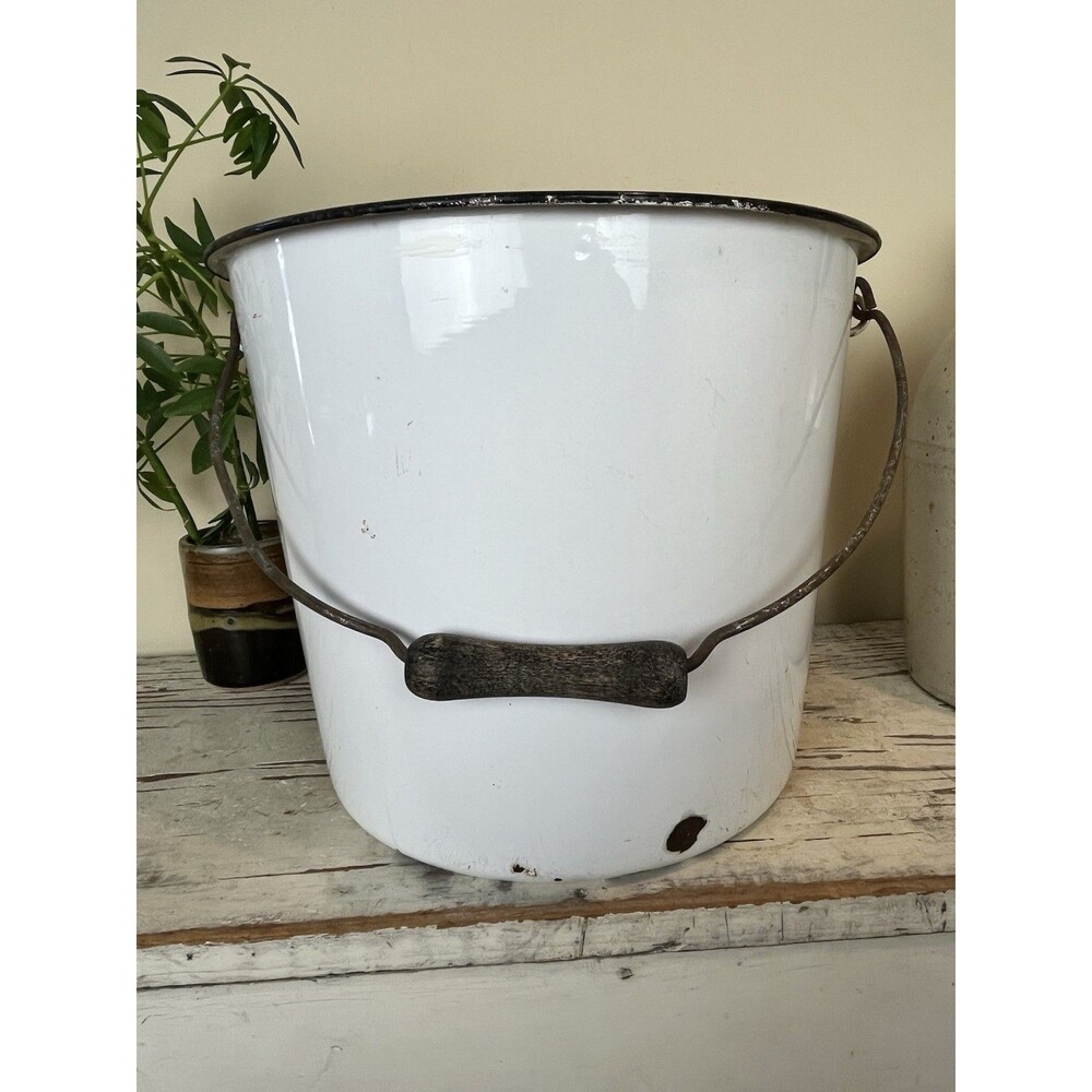 Vintage French White Ceramic Primitive Milking Pail W/ Black Wooden Handle Decor